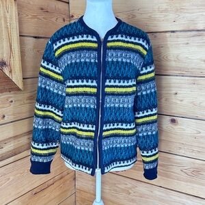 Vintage Nordic Fair Isle Full Zip Cardigan Jacket Teal Yellow Wool Cabin Core